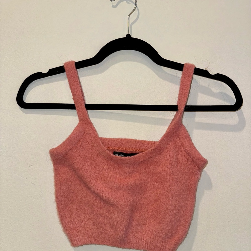 Kendall+Kylie Pink Fuzzy Knit Crop Top